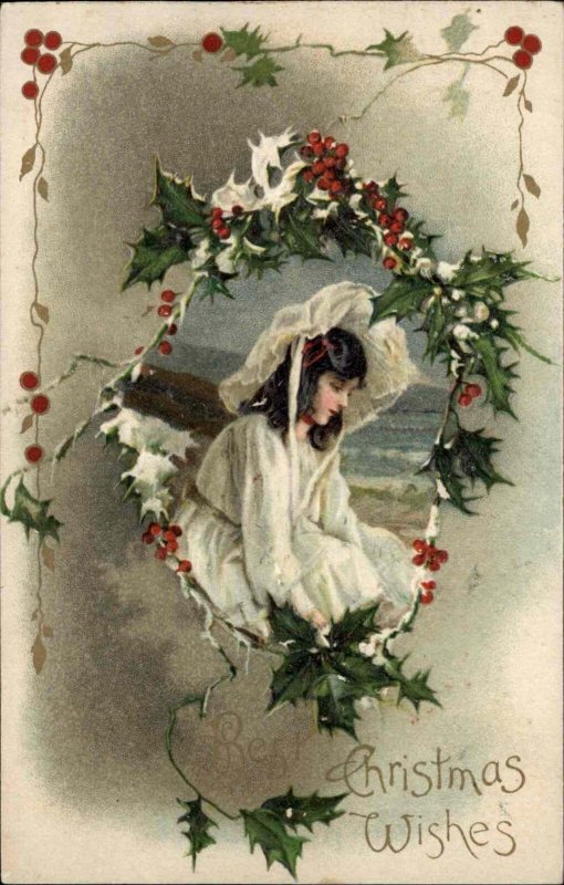 Winsch Christmas Young Girl with Dark Hair Holly Border c1910 Vintage Postcard