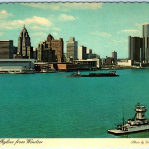 c1980s Detroit, MI Skyline Panorama from Windsor, Ontario Postcard Joe Louse A79