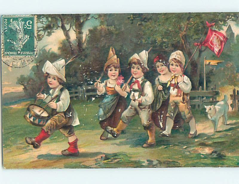 Surface Wear c1910 foreign DOG AND KIDS MARCH BEHIND BOY PLAYING DRUM HL7404