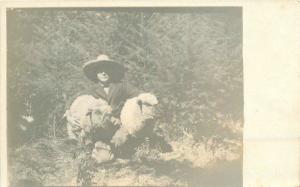 1920s Farming Agriculture Man Two Sheep RPPC real photo postcard 2307