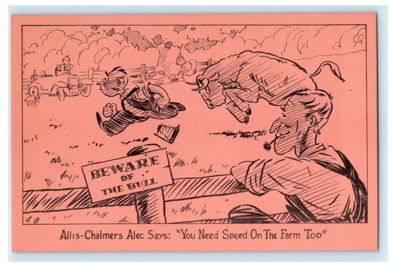 Allis-Chalmers Advertising Pink c1940 WC Tractor Bull Vintage Postcard 