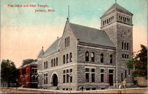 Postcard Post Office and Elks' Temple in Jackson, Michigan