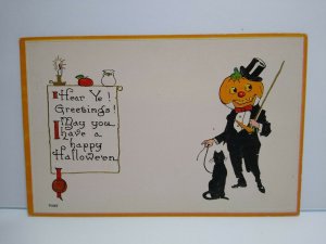 Halloween Postcard Tuxedo Goblin Man Black Cat Bergman 7035 Unused Vintage Orig