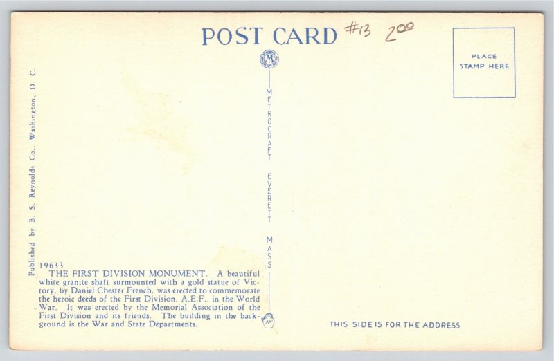Military~Washington DC~First Division Monument @ War & State Department~Postcard
