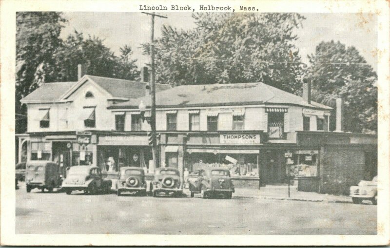Postcard 1940s Lincoln Block Holbrook MA Street View Cars Coke Sign Thompsons United States