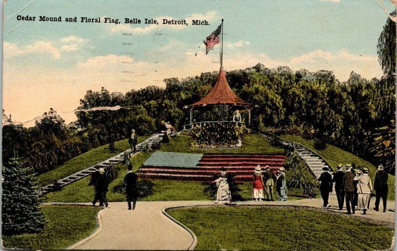 VTG Postcard Cedar Mound Floral Flag Belle Isle Detroit Mich 1919 Kalamazoo 153