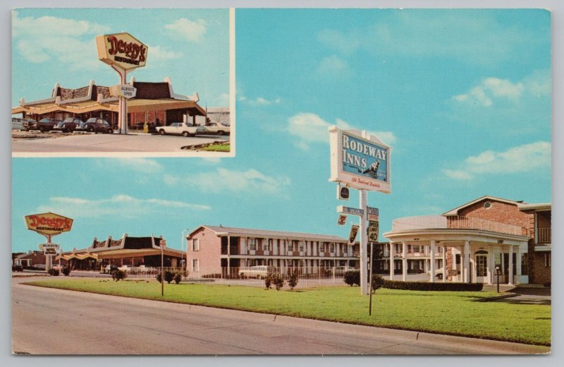 Tulsa Oklahoma~Rodeway Inn on Route 66~Denny's Restaurant Beside~1970s PC 