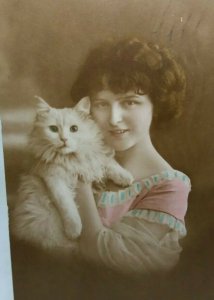Antique Postcard Beautiful Young Lady Posing with her Pussy Cat c1917