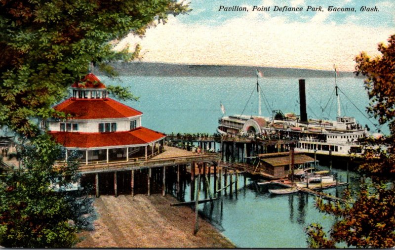 Washington Tacoma Point Defiance Park Pavilion and Steamer At Dock Curteich