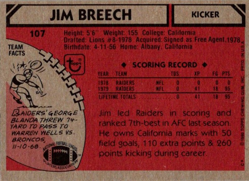 1980 Topps Football Card Jim Breech K Oakland Raiders sun0289