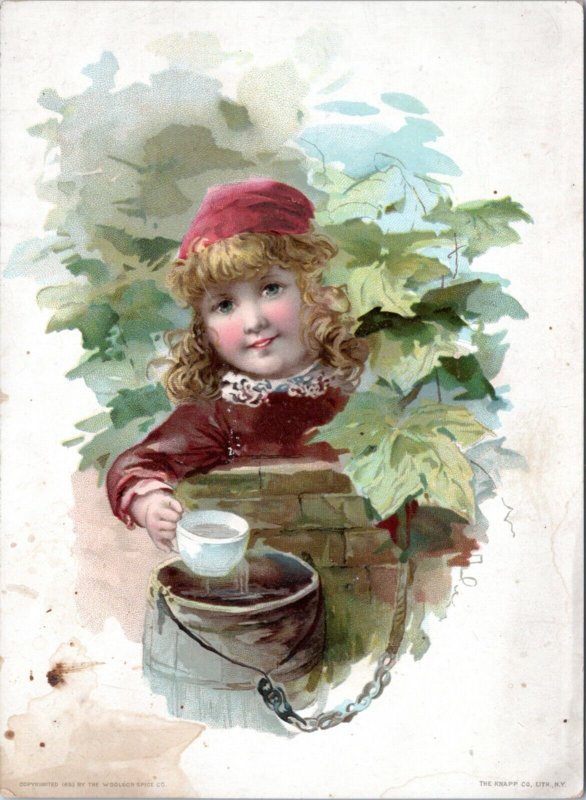 Trade Card - Woolson Spice  Girl among leaves getting cup of water from well