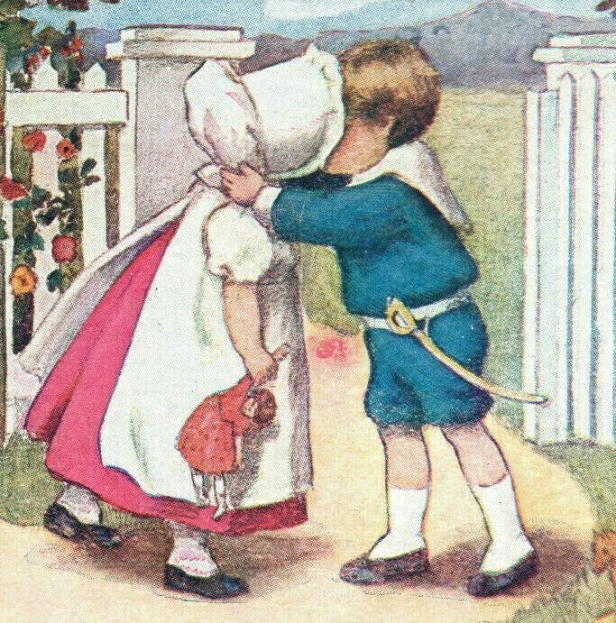 Children Kissing Paying Toll Postcard Girl Holding Doll Boy Military Outfit 