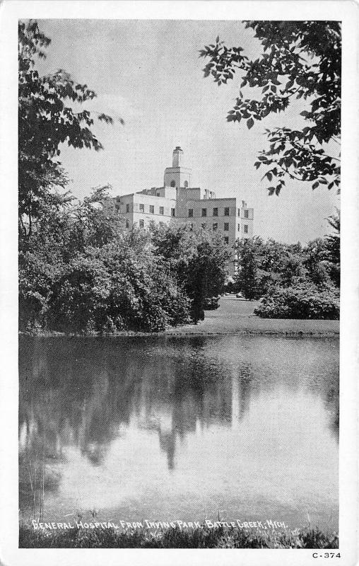 Battle Creek Michigan~General Hospital from Irving Park~View Across Lake~1950s