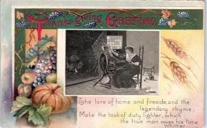 THANKSGIVING GREETING   Postcard  GREAT GRAPHICS Woman & Spinning Wheel 1909