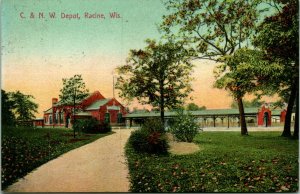 Vtg Postcard 1908 Chicago & Northwestern Railroad Depot Racine, Wisconsin