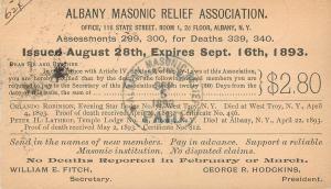 Advertising 1893 Albany New York Masonic Relief Association Deaths Pioneer