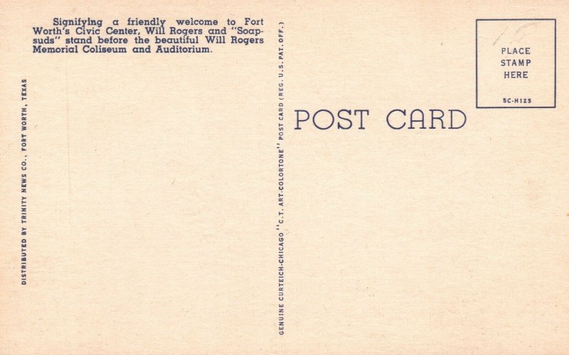 Will Rogers Statue Fort Worth Texas TX Civic Center Vintage Postcard c1930
