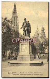 Old Postcard Place Verte Antwerp Cathedral and Rubens statue