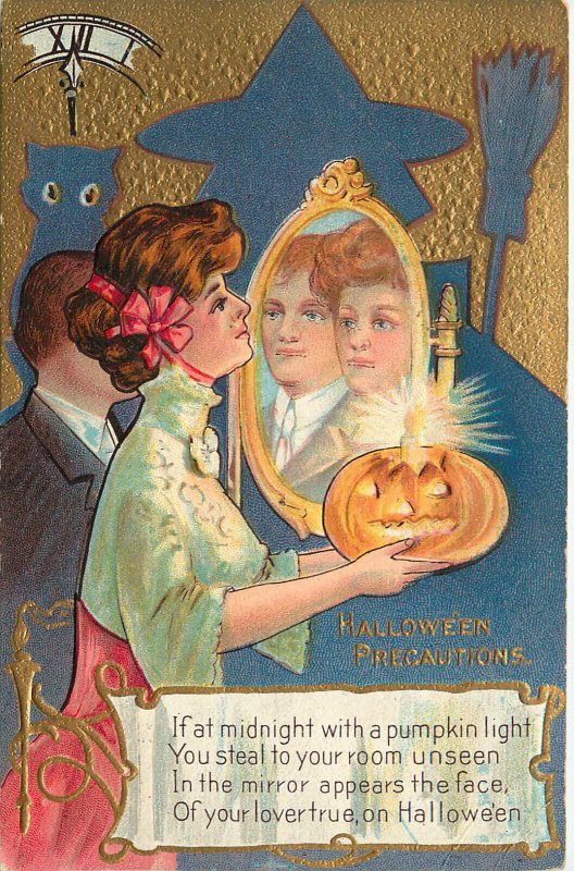 Nash Halloween Precautions Postcard 2. Girl Sees True Love in Midnight Mirror