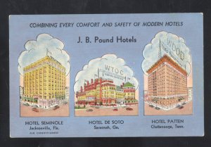 SAVANNAH GEORGIA CHATTANOOGA TENNESSEE JB POUND HOTEL ADVERTISING POSTCARD