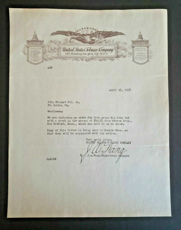 1934 United States Tabacco Comapny New York Letterhead Signed Letter
