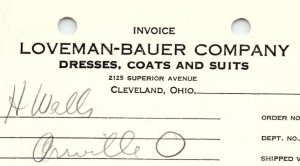 1938 LOVEMAN-BAUER CO. CLEVELAND OH DRESSES COATS SUITS BILLHEAD INVOICE Z1070