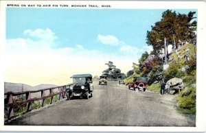 1920s Spring on Way to Hair Pin Turn Mohawk Trail MA Old Cars Postcard