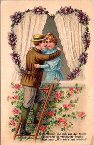 Postcard Man Climbs Ladder To Reach Woman in Window Flowers Lovers