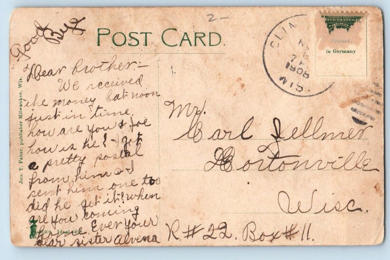 Clintonville Wisconsin WI Postcard Stone Bridge River Trees Houses 1908 Vintage