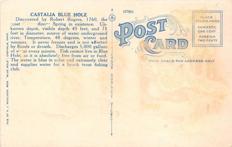 Castalia Ohio~Formation on Bottom of Blue Hole~Info on Back~Woolson MGR Postcard