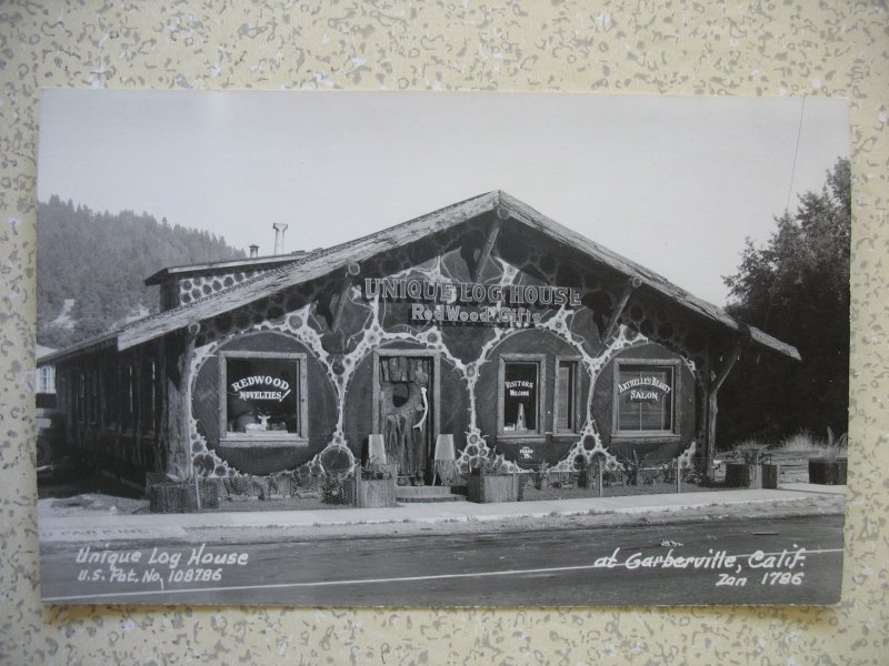 GARBERVILLE, CA 1940s ZAN real photo UNIQUE LOG HOUSE