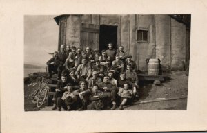 Vintage Postcard 1920's Men Gathering Outside Old House Happy Faces Memory
