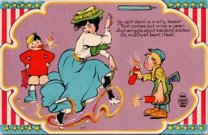 Boys w/ Firecrackers Woman July 4 USA Fourth of July Series Unused Postcard E79