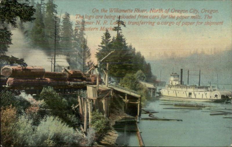 Willamette River North of Oregon City OR Logging & Steamer c1910 Postcard