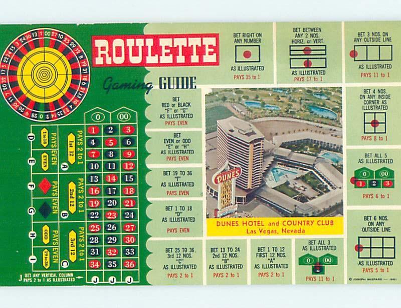 Pre-1980 ROULETTE GUIDE POSTCARD FROM DUNES CASINO HOTEL Las Vegas NV B0727