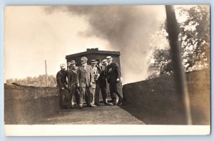 Mens Postcard RPPC Photo Riding On Top Of Locomotive Train c1910's Antique