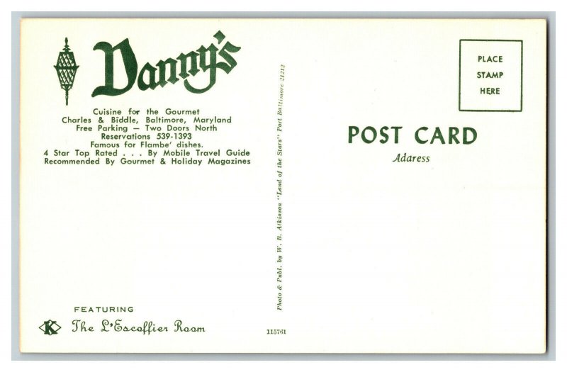 Danny's Cuisine For The Gourmet Baltimore MD Vintage Standard View Postcard