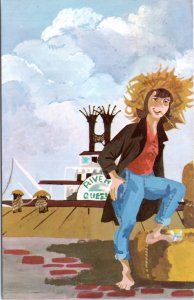 Postcard MO ART Huckleberry Finn posing on bale of hay - Laura Winkler