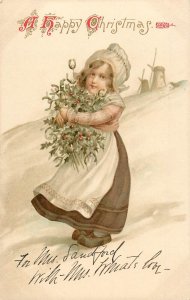 Postcard Christmas Nister 1310 Little Dutch Girl with Holly & Mistletoe