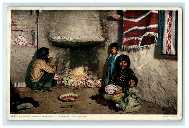 1908 An Indian Living Room, Hopi House, Grand Canyon Arizona RPO Postcard