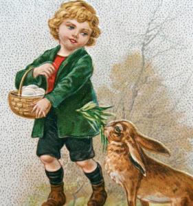 Winsch Child & Big Brown Easter Rabbits Embossed Postcard