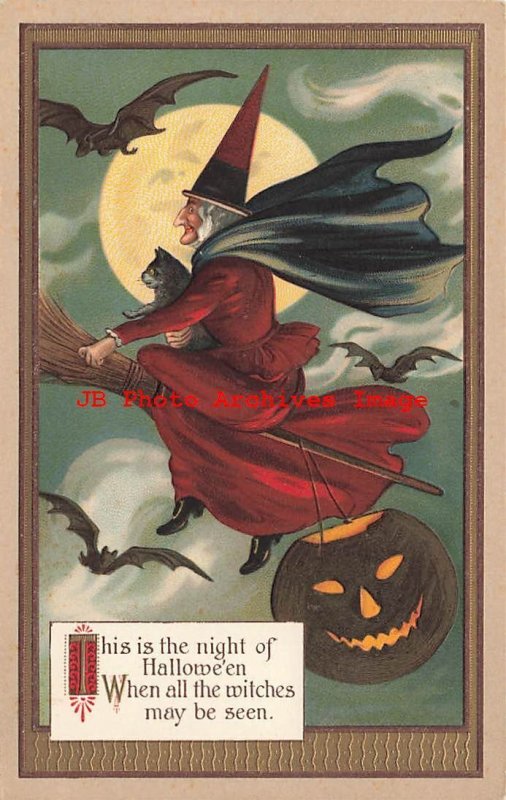 4 Postcards Halloween Set, Unknown No UP07, Witches, Cats, Bats, Playing Cards