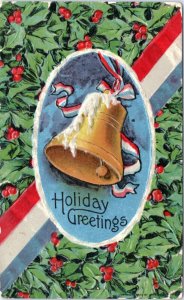 Postcard Patriotic Xmas Arthur Horowitz - Bell with snow on ribbon and holly