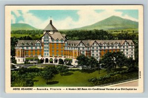 Roanoke VA, Hotel, English Inn Design, Fountain, Chrome Virginia Postcard  