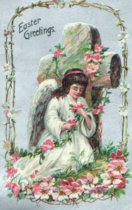 C.1910 Easter Fabulous Lovely Angel Flowers Cross Vintage Postcard P120