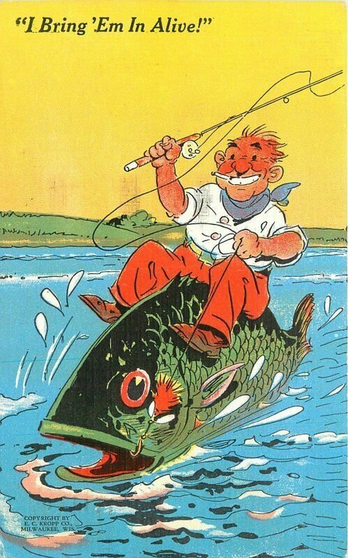 Comic Humor Fishing Exaggeration 1948 Postcard Teich linen 6036 