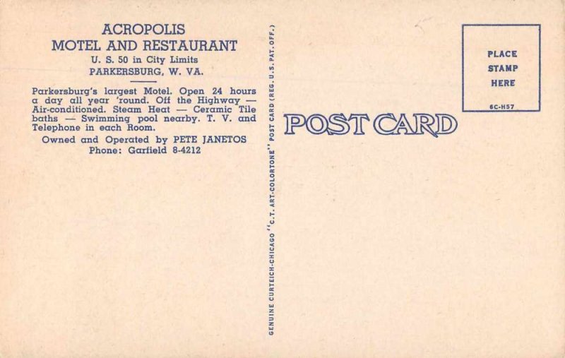 Parkersburg West Virginia Acropolis Motel and Restaurant Vintage Postcard AA571