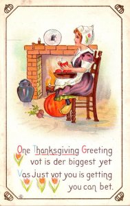 Thanksgiving Greeting With Woman Sitting By Fireplace Peeling Apples