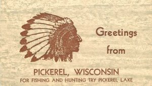 Postcard 1950d Wisconsin Pickerel Indian Head Fishing Hunting Lake 23-12261