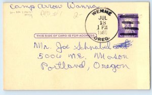1960 Letter Camp Arrow Wanna Wemme Oregon OR DPO (1927-1977) Vintage Postcard